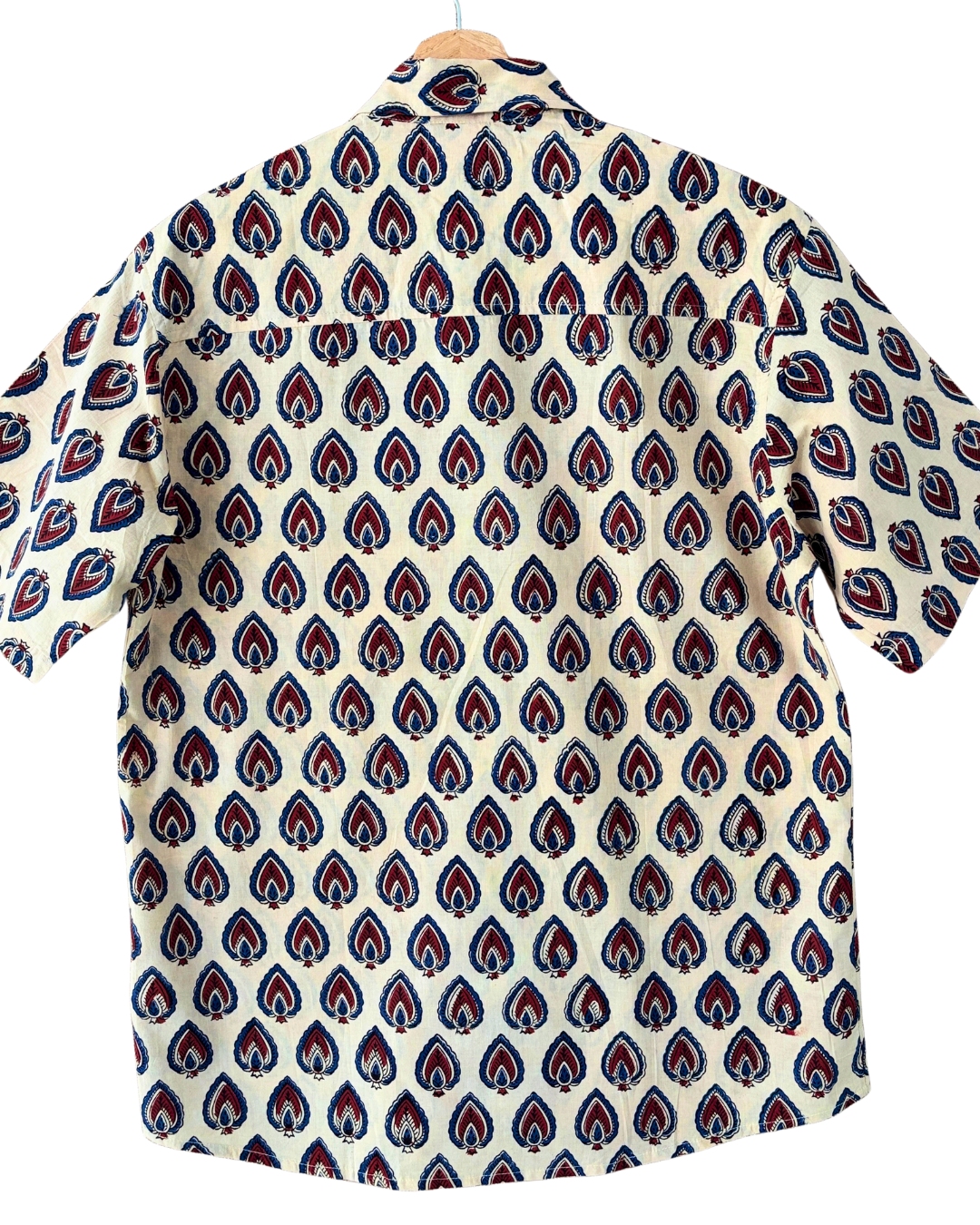 Hand Blockprinted Cotton Half Sleeve Shirt for Men - Regular Fit - Beige Red Blue Motifs