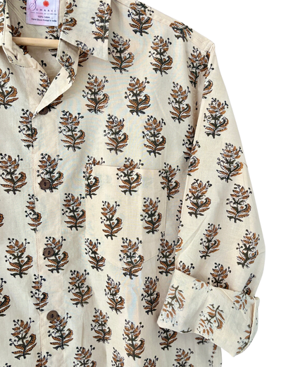Hand Blockprinted Cotton Full Sleeve Shirt for Men - Regular Fit - Beige Brown Motifs
