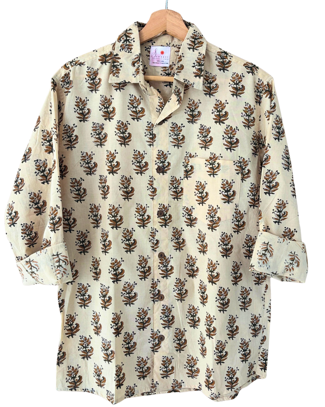 Hand Blockprinted Cotton Full Sleeve Shirt for Men - Regular Fit - Beige Brown Motifs