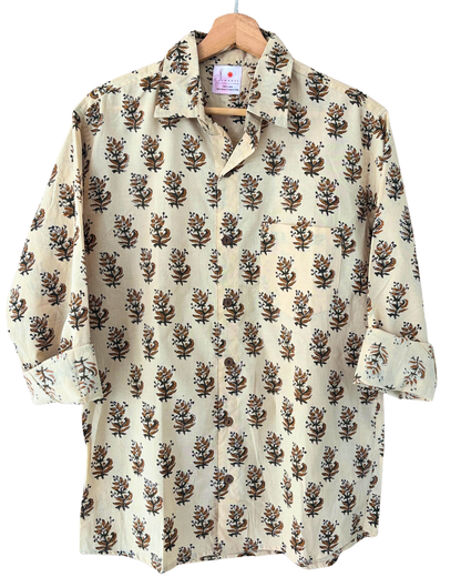 Hand Blockprinted Cotton Full Sleeve Shirt for Men - Regular Fit - Beige Brown Motifs