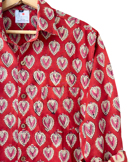 Hand Blockprinted Cotton Full Sleeve Shirt for Men - Regular Fit - Red White Motifs