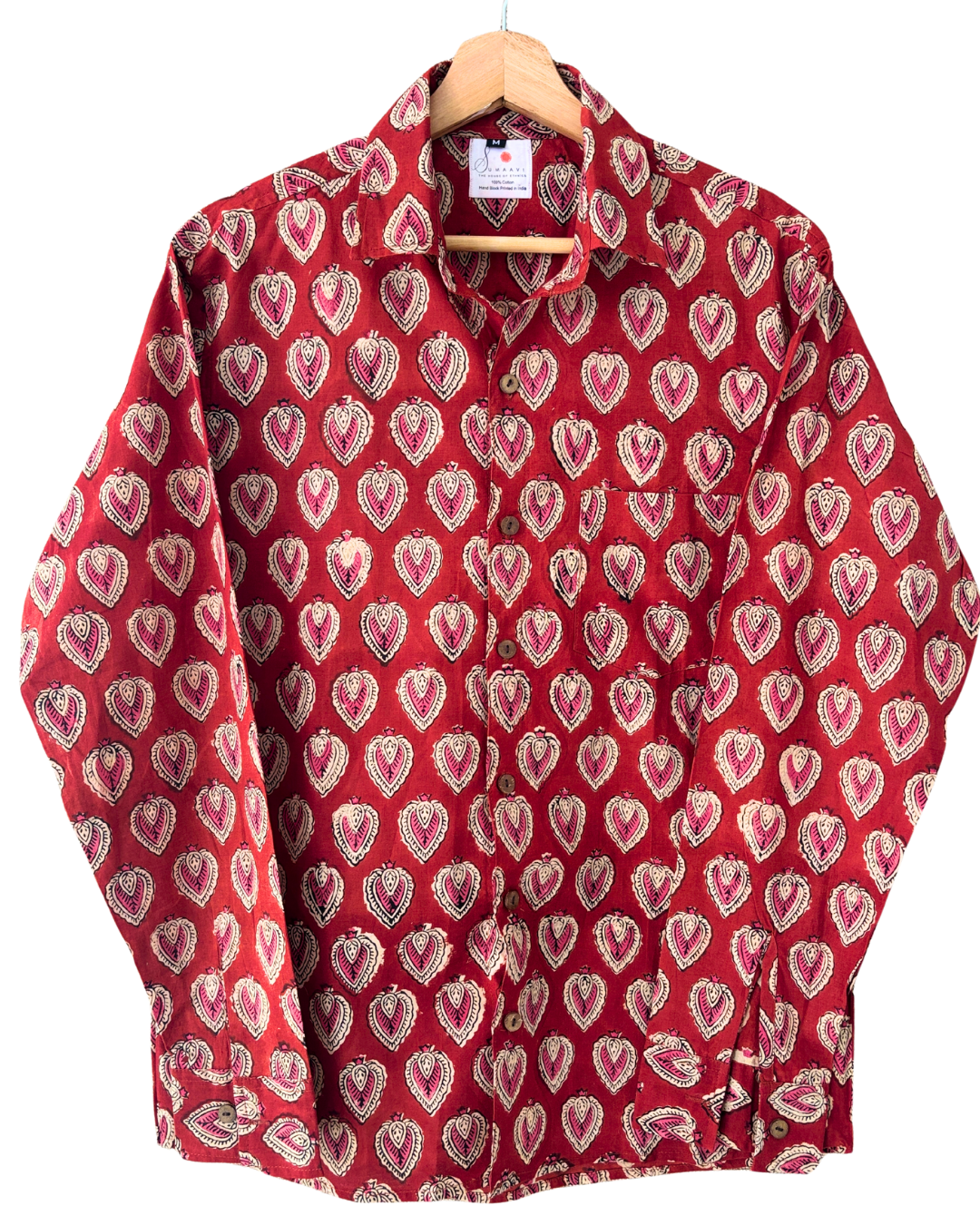 Hand Blockprinted Cotton Full Sleeve Shirt for Men - Regular Fit - Red White Motifs