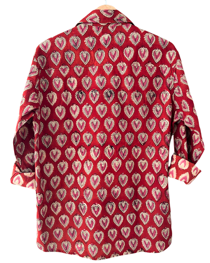 Hand Blockprinted Cotton Full Sleeve Shirt for Men - Regular Fit - Red White Motifs