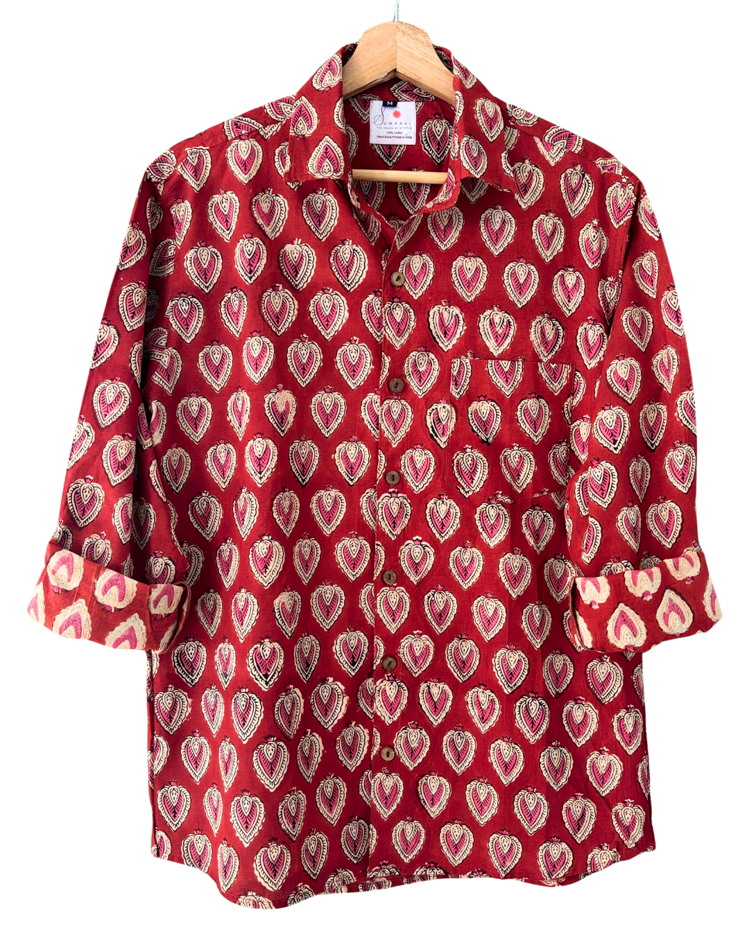 Hand Blockprinted Cotton Full Sleeve Shirt for Men - Regular Fit - Red White Motifs