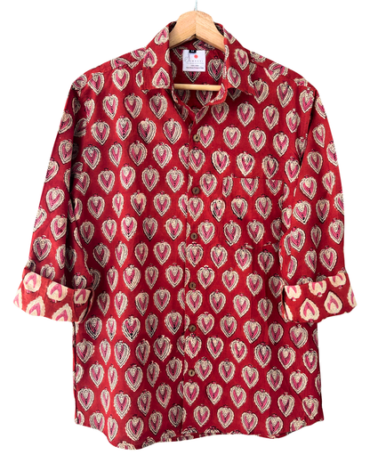 Hand Blockprinted Cotton Full Sleeve Shirt for Men - Regular Fit - Red White Motifs