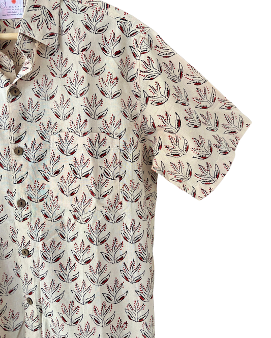 Hand Blockprinted Cotton Half Sleeve Shirt for Men - Regular Fit - Beige Brown Motifs