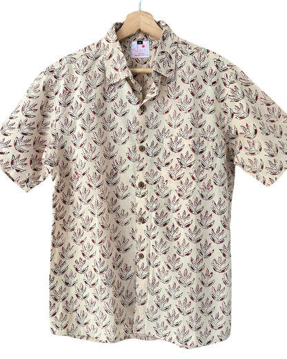 Hand Blockprinted Cotton Half Sleeve Shirt for Men - Regular Fit - Beige Brown Motifs