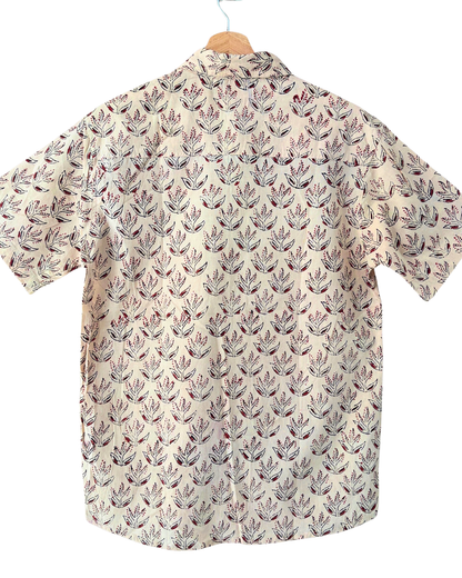 Hand Blockprinted Cotton Half Sleeve Shirt for Men - Regular Fit - Beige Brown Motifs