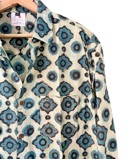 Hand Blockprinted Cotton Full Sleeve Shirt for Men - Regular Fit - Beige Blue Motifs