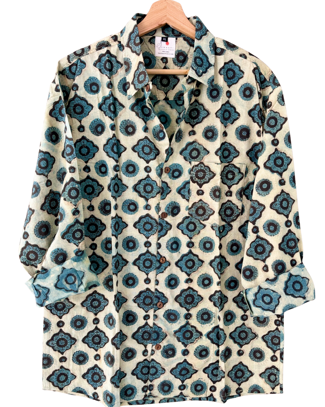 Hand Blockprinted Cotton Full Sleeve Shirt for Men - Regular Fit - Beige Blue Motifs