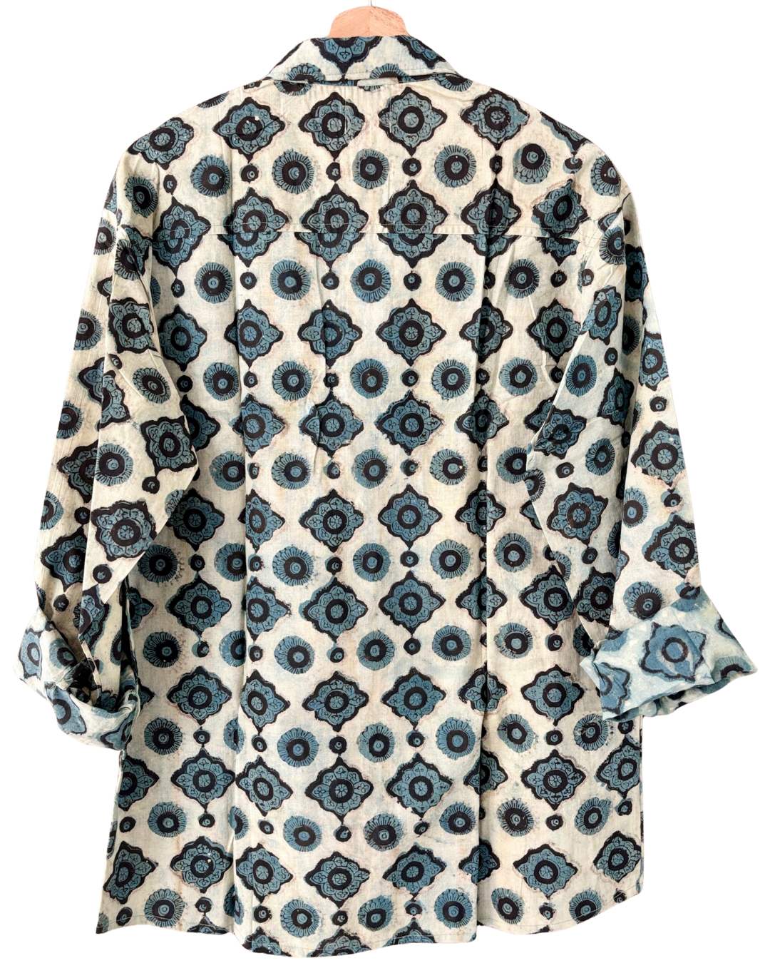 Hand Blockprinted Cotton Full Sleeve Shirt for Men - Regular Fit - Beige Blue Motifs
