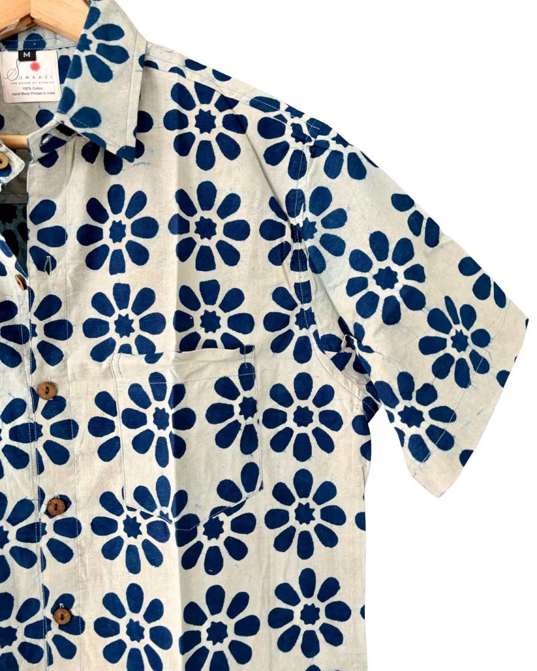 Hand Blockprinted Cotton Half Sleeve Shirt for Men - Regular Fit - White Indigo Blue Floral Motifs