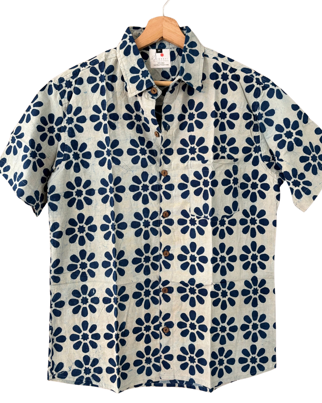 Hand Blockprinted Cotton Half Sleeve Shirt for Men - Regular Fit - White Indigo Blue Floral Motifs