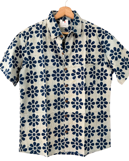 Hand Blockprinted Cotton Half Sleeve Shirt for Men - Regular Fit - White Indigo Blue Floral Motifs