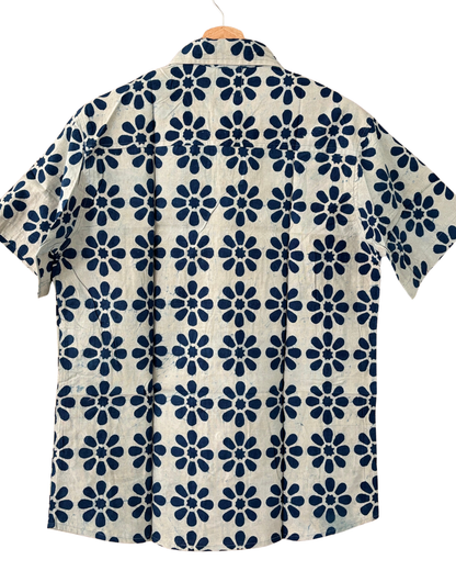 Hand Blockprinted Cotton Half Sleeve Shirt for Men - Regular Fit - White Indigo Blue Floral Motifs