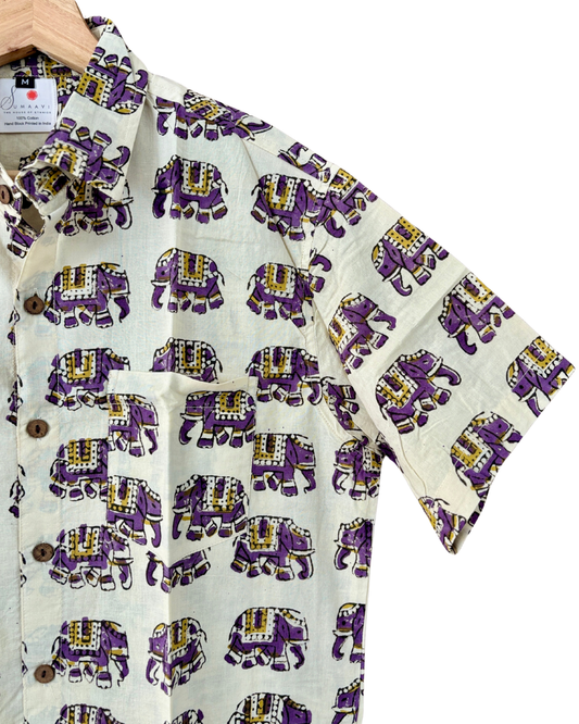 Hand Blockprinted Cotton Half Sleeve Shirt for Men - Regular Fit - Beige Elephant pattern