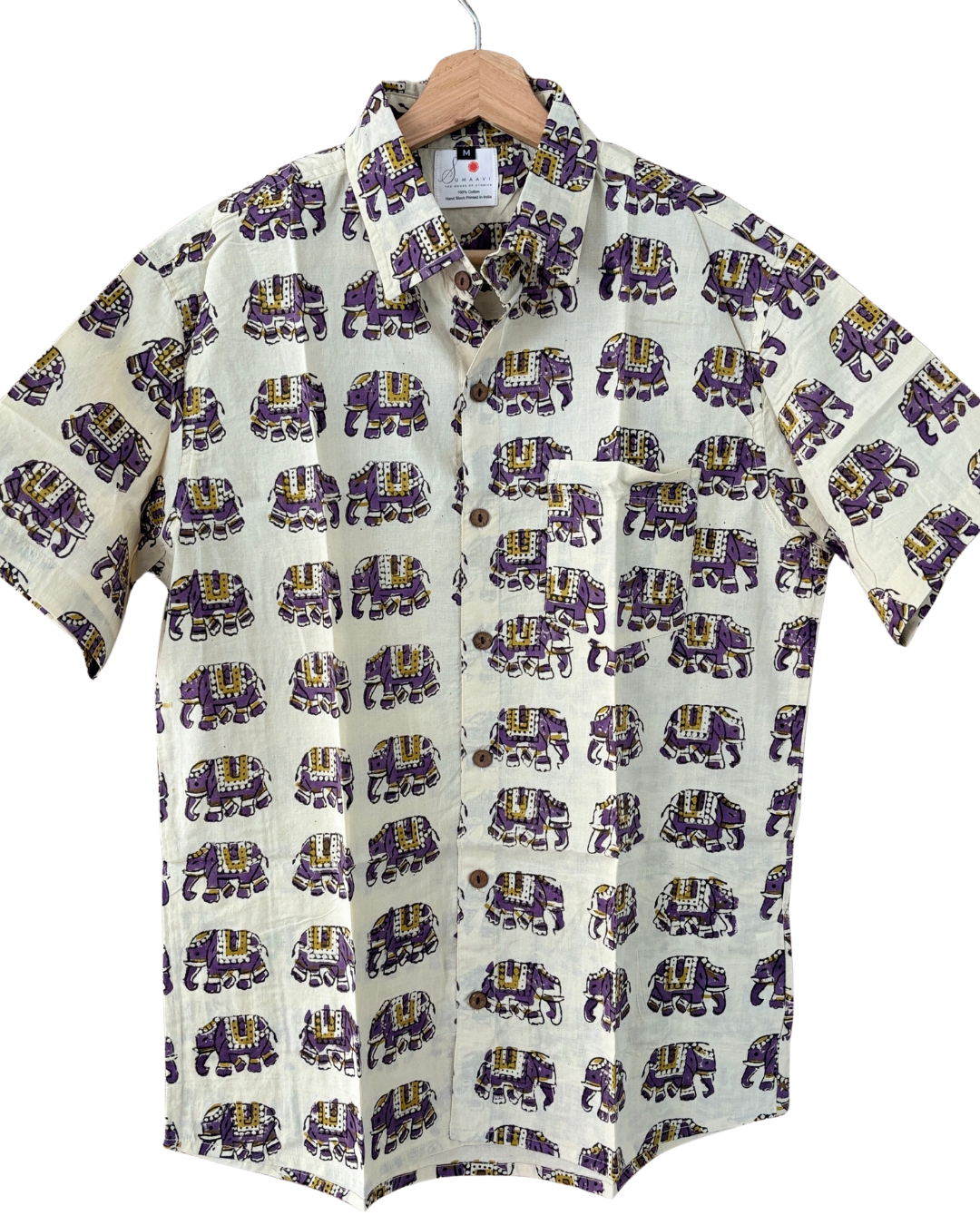 Hand Blockprinted Cotton Half Sleeve Shirt for Men - Regular Fit - Beige Elephant pattern