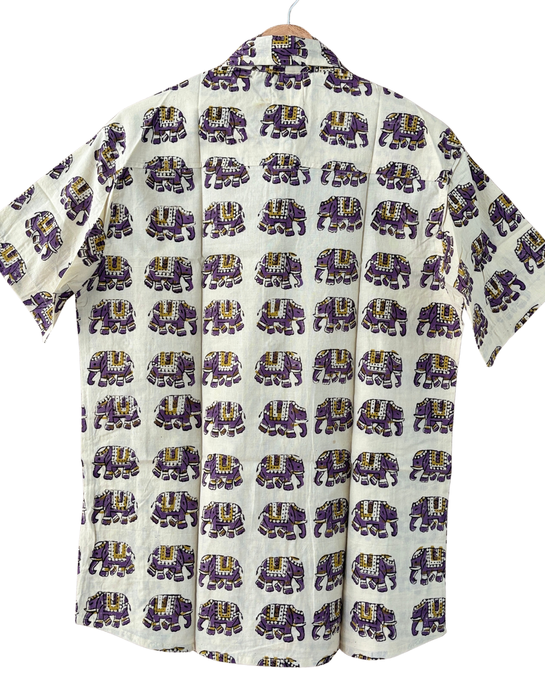 Hand Blockprinted Cotton Half Sleeve Shirt for Men - Regular Fit - Beige Elephant pattern