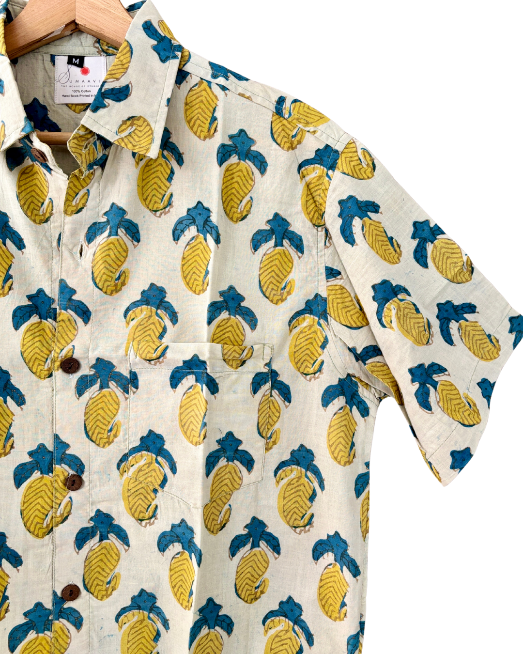 Hand Blockprinted Cotton Half Sleeve Shirt for Men - Regular Fit - Beige Yellow Mango Pattern