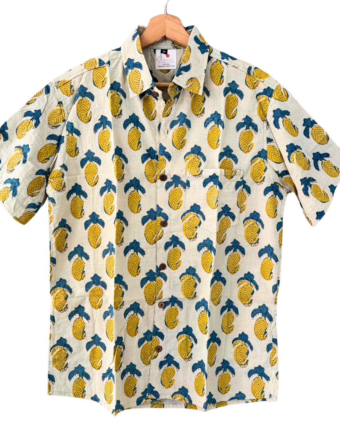 Hand Blockprinted Cotton Half Sleeve Shirt for Men - Regular Fit - Beige Yellow Mango Pattern