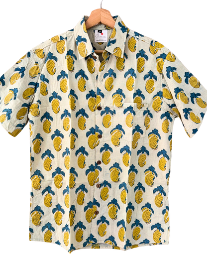 Hand Blockprinted Cotton Half Sleeve Shirt for Men - Regular Fit - Beige Yellow Mango Pattern