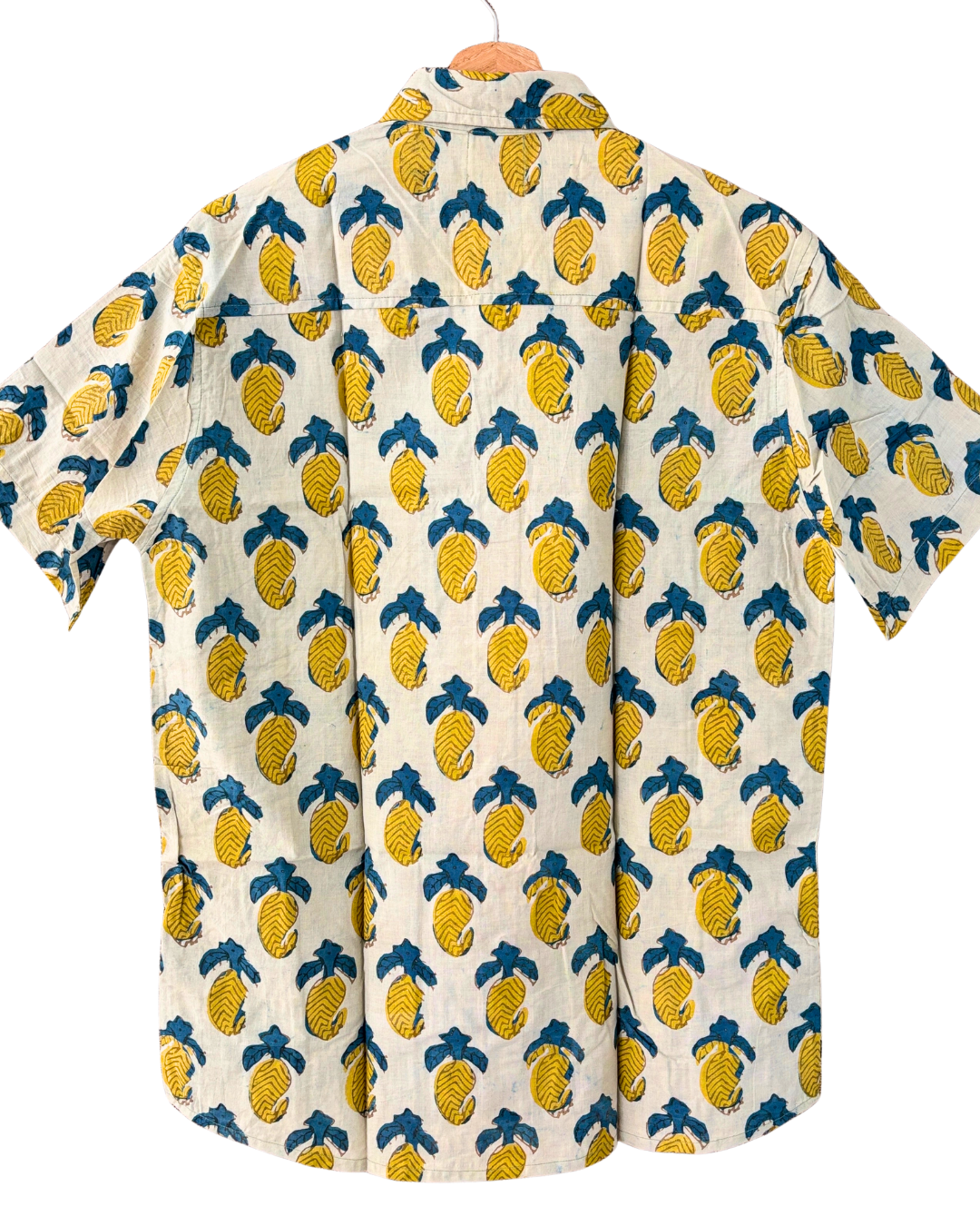 Hand Blockprinted Cotton Half Sleeve Shirt for Men - Regular Fit - Beige Yellow Mango Pattern