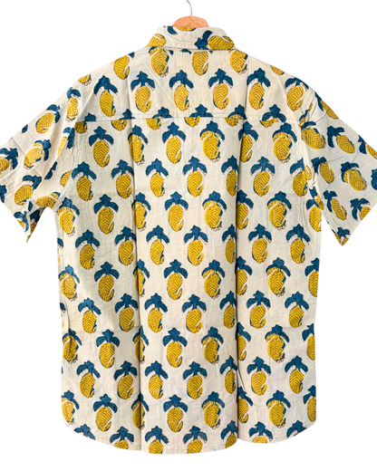 Hand Blockprinted Cotton Half Sleeve Shirt for Men - Regular Fit - Beige Yellow Mango Pattern