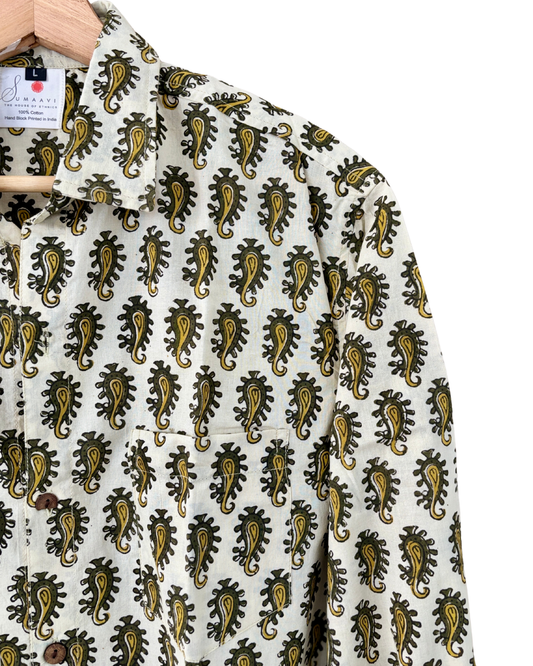 Hand Blockprinted Cotton Full Sleeve Shirt for Men - Regular Fit - Beige Brown Paisley Motifs
