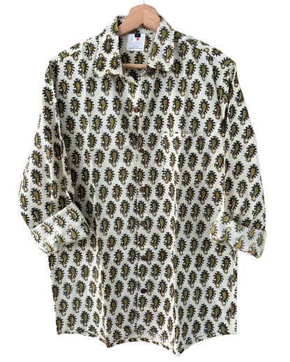 Hand Blockprinted Cotton Full Sleeve Shirt for Men - Regular Fit - Beige Brown Paisley Motifs