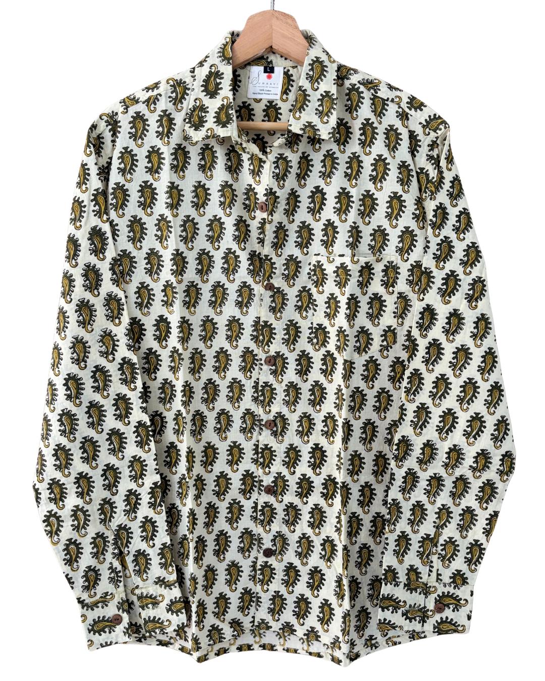 Hand Blockprinted Cotton Full Sleeve Shirt for Men - Regular Fit - Beige Brown Paisley Motifs