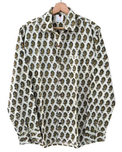 Hand Blockprinted Cotton Full Sleeve Shirt for Men - Regular Fit - Beige Brown Paisley Motifs