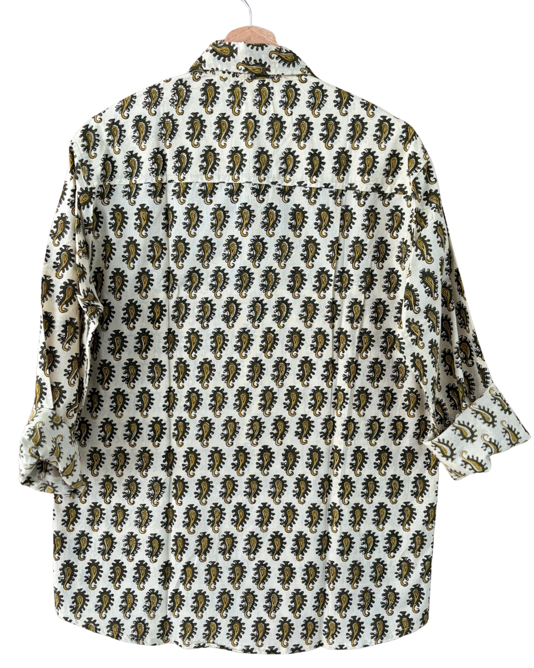 Hand Blockprinted Cotton Full Sleeve Shirt for Men - Regular Fit - Beige Brown Paisley Motifs