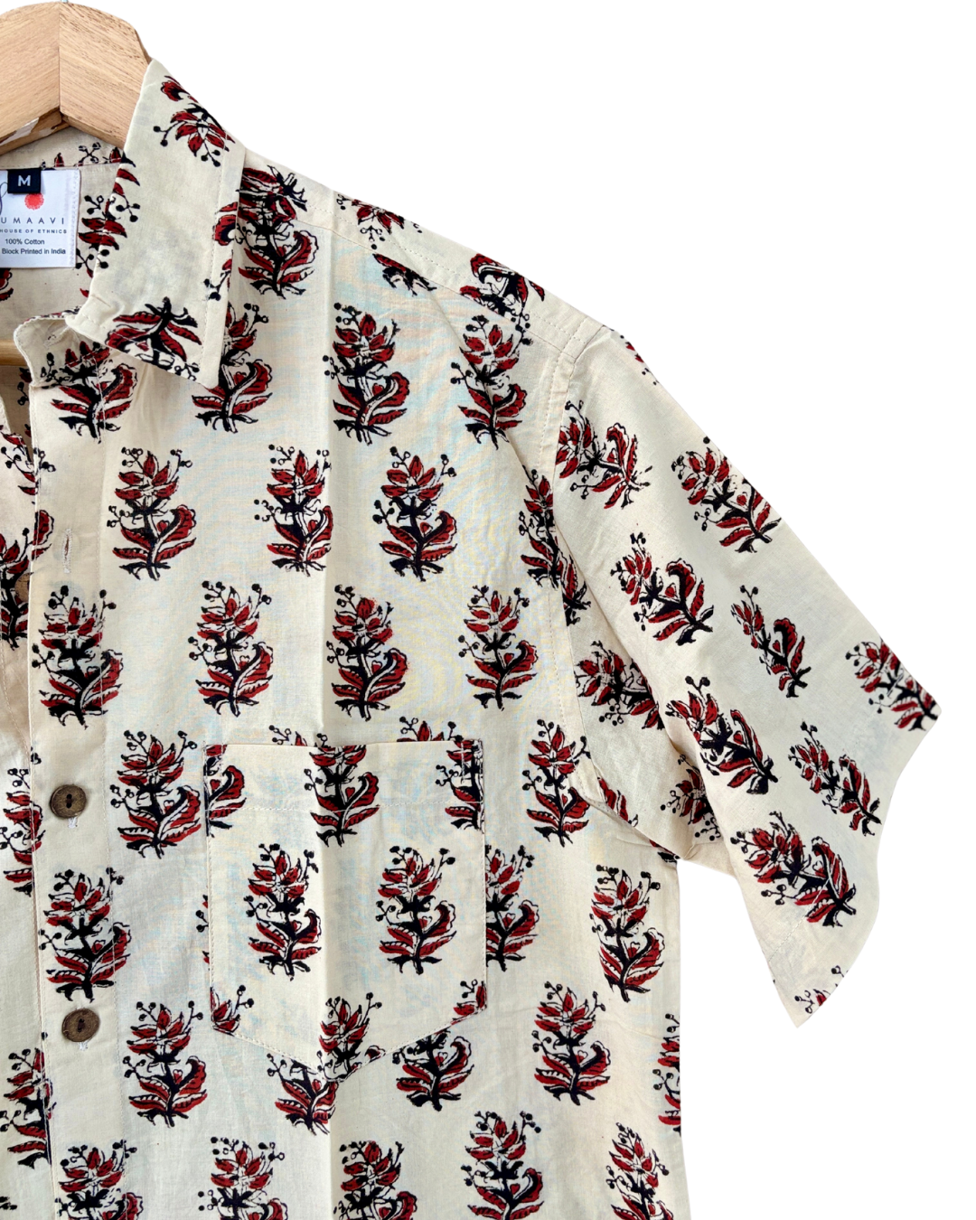 Hand Blockprinted Cotton Half Sleeve Shirt for Men - Regular Fit - Beige Brown Floral Pattern
