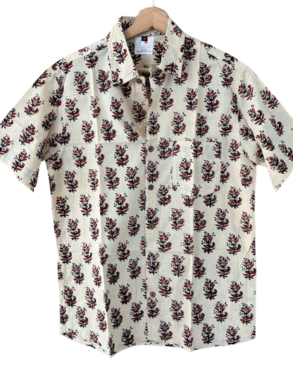 Hand Blockprinted Cotton Half Sleeve Shirt for Men - Regular Fit - Beige Brown Floral Pattern