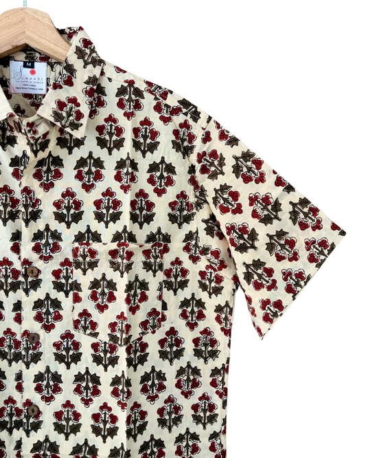Hand Blockprinted Cotton Half Sleeve Shirt for Men - Regular Fit - Beige Brown Red Floral Pattern