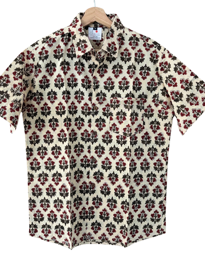Hand Blockprinted Cotton Half Sleeve Shirt for Men - Regular Fit - Beige Brown Red Floral Pattern