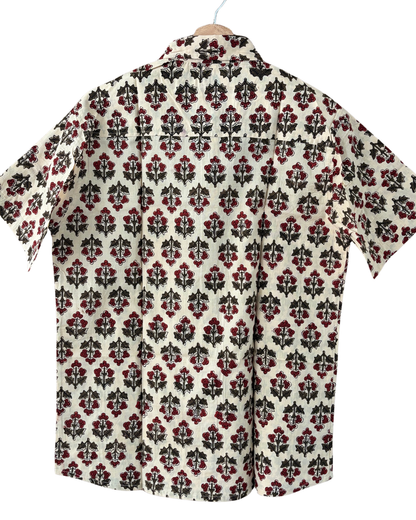 Hand Blockprinted Cotton Half Sleeve Shirt for Men - Regular Fit - Beige Brown Red Floral Pattern