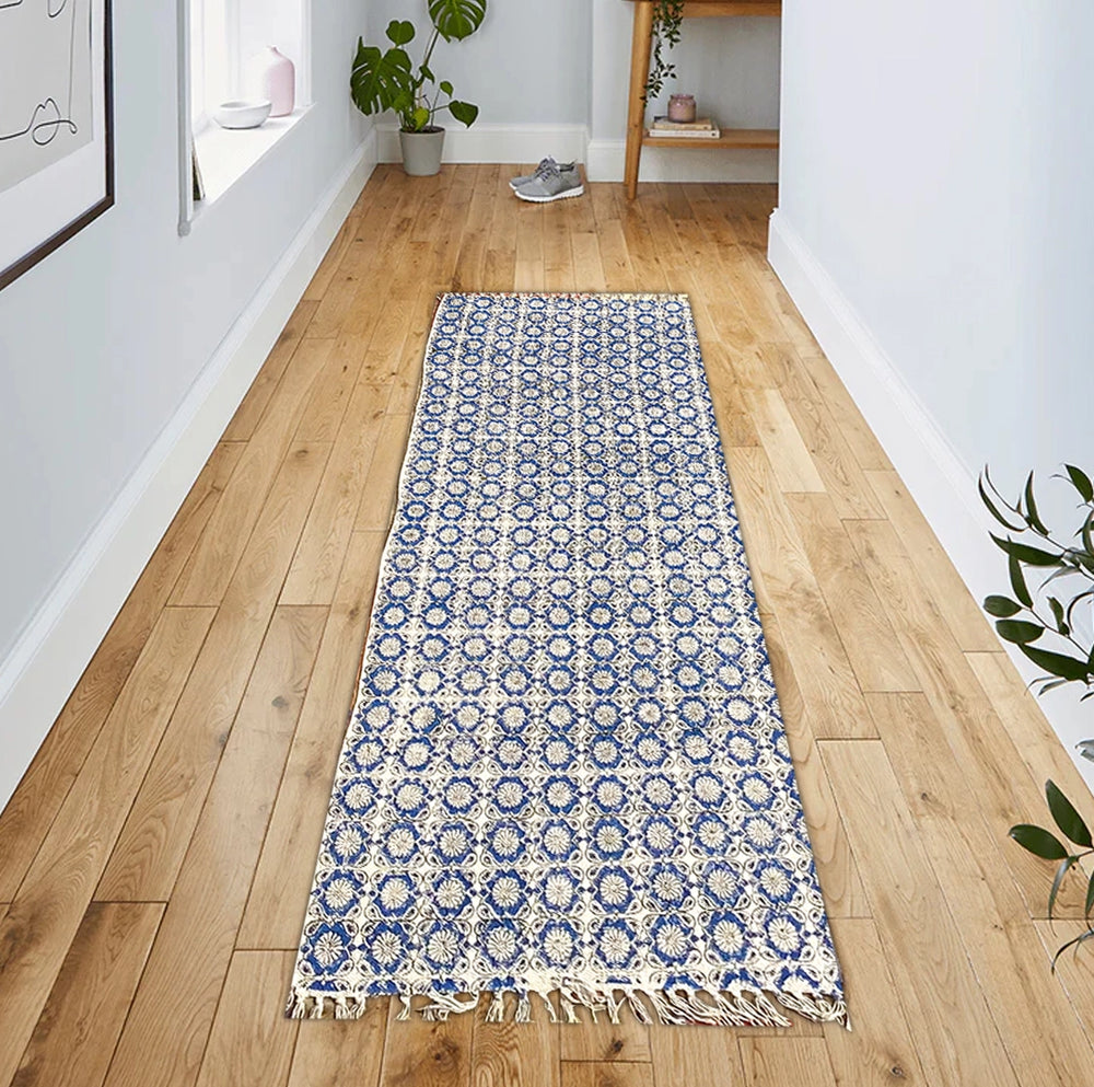 Cotton Yoga mat Blue Floral pattern