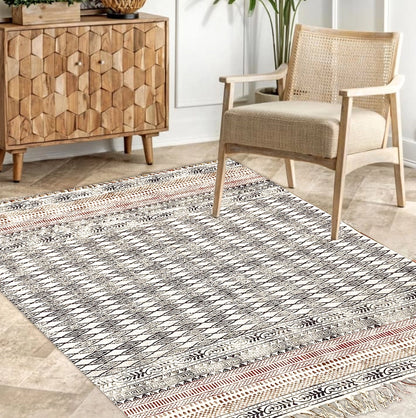 Printed cotton rug Black and Brown Geometric