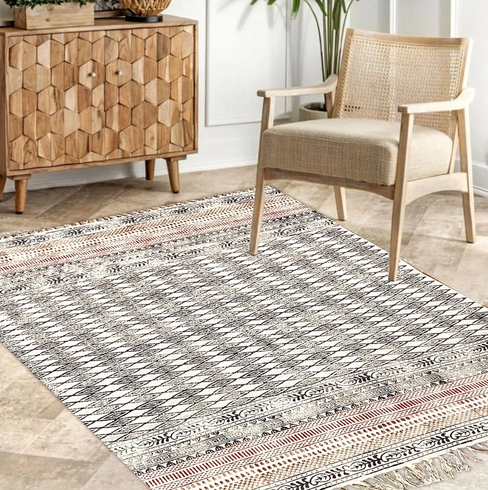 Printed cotton rug Black and Brown Geometric