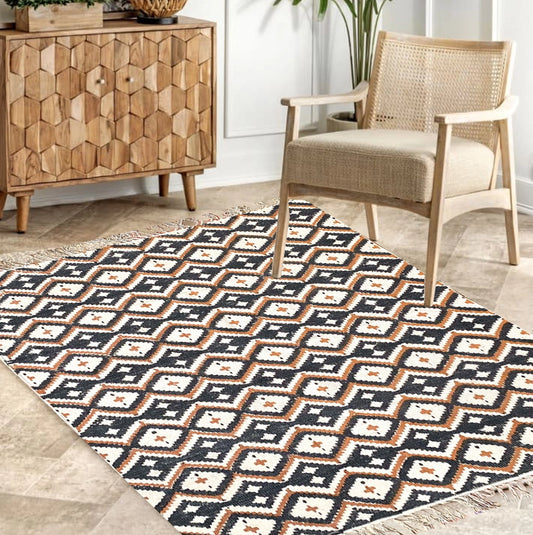 Printed cotton rug Black and Yellow Ikat