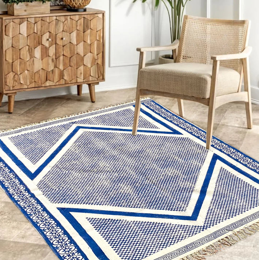 Hand block printed cotton rug blue