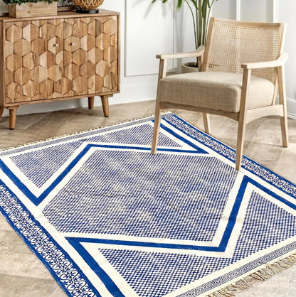 Hand block printed cotton rug blue