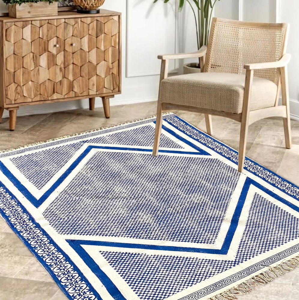 Hand block printed cotton rug blue