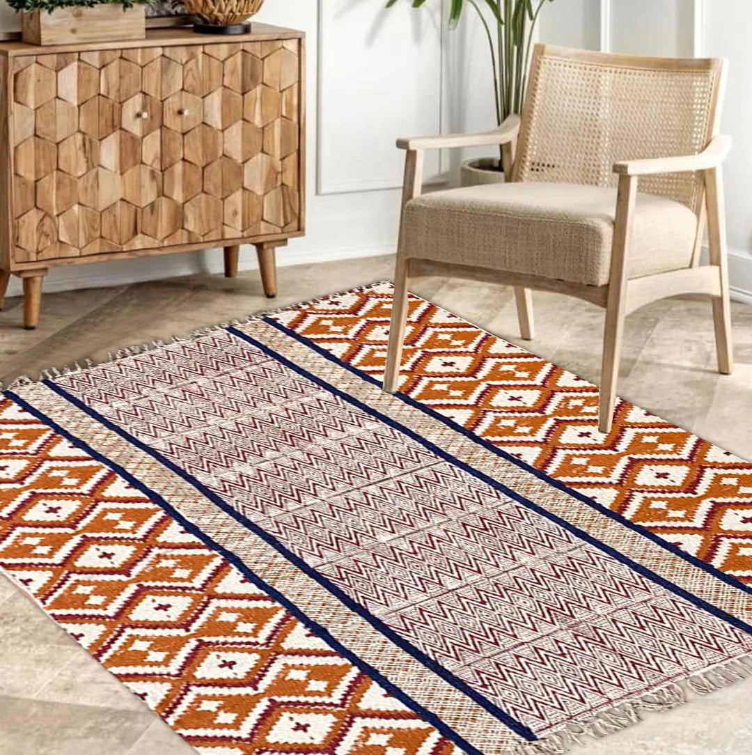 Hand blockprinted cotton rug -Brown and Red-Ikat design – Sumaavi