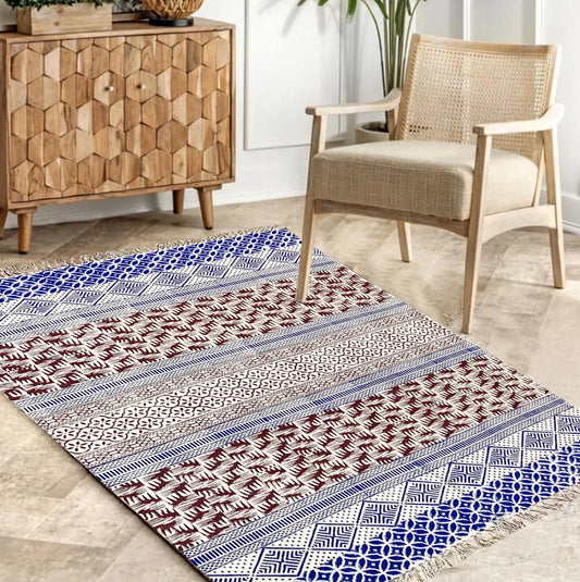 Hand block cotton rug Multi color