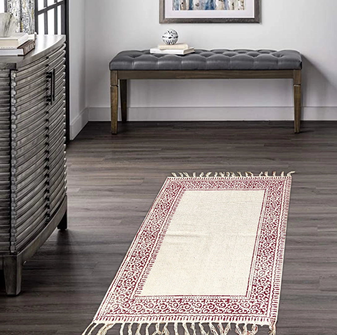 Double Sided Rug Hand blockprinted cotton rug -Red and Black-Double sided-Small – Sumaavi