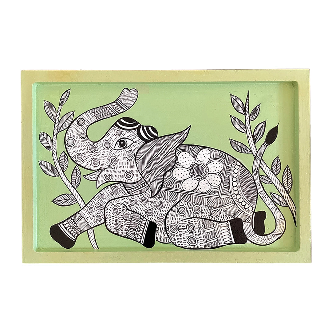 Handpainted Wooden Wall Plate - Tray - Madhubani Elephant