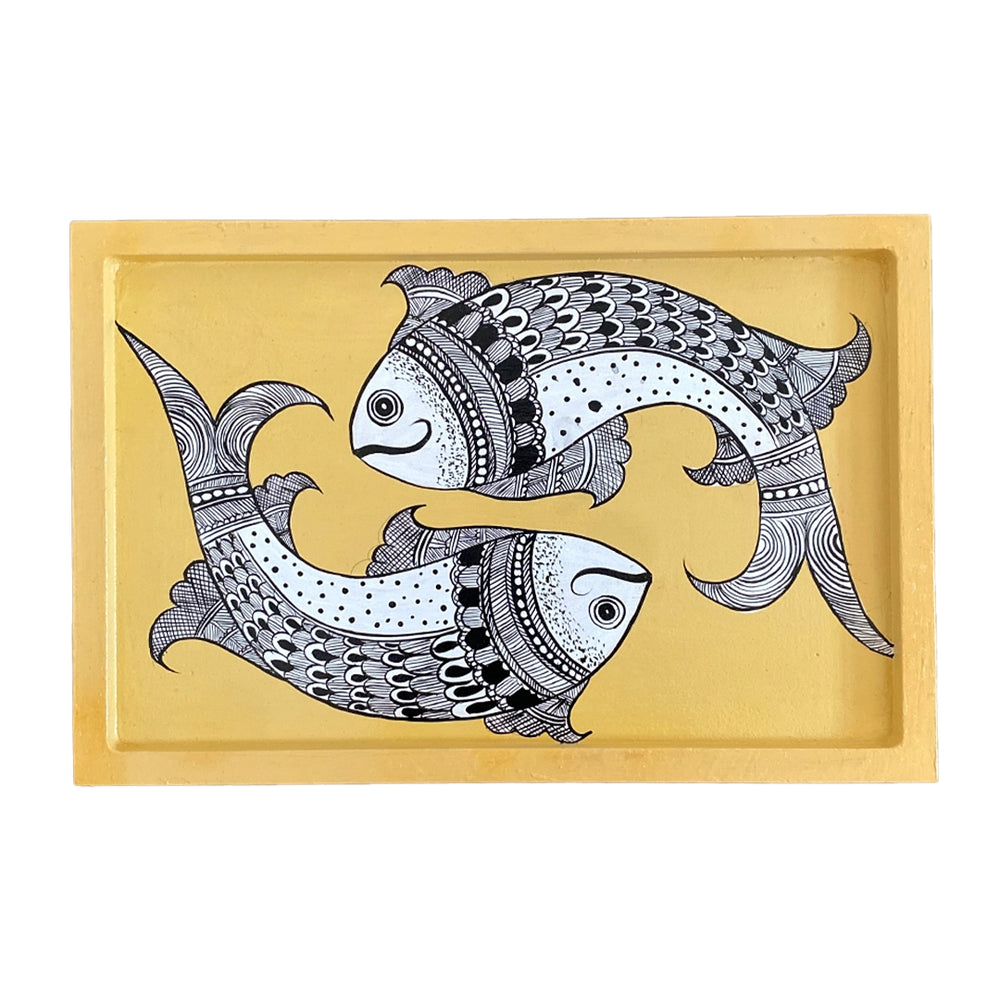 Handpainted Wooden Wall Plate - Tray - Madhubani Fish Pair