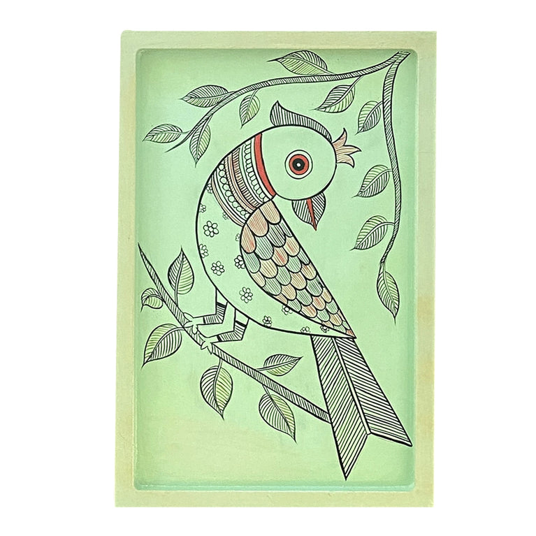 Handpainted Wooden Wall Plate - Tray - Madhubani Parrot